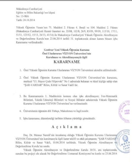 TÜRKÇE - Vizyon Üniversitesinin Akreditasyon Kararnamesi